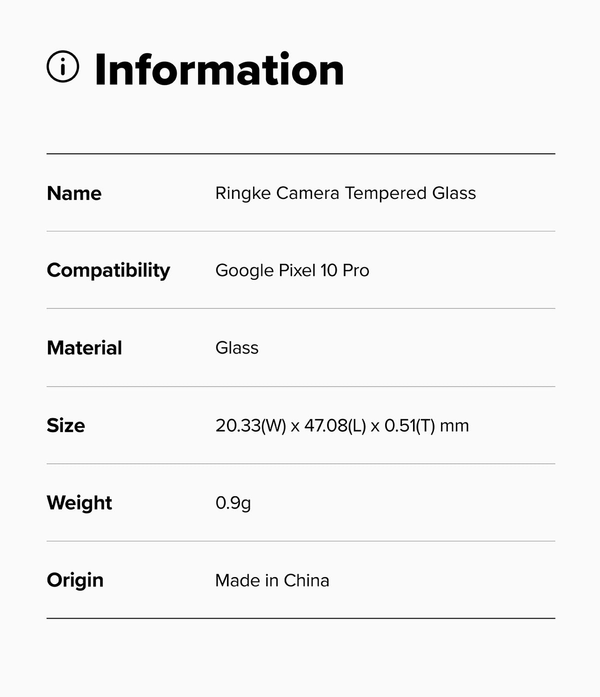Google Pixel 10 Pro | Camera Glass - Information table listing product name, compatibility, material, size, weight, and origin.