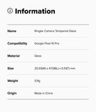 Google Pixel 10 Pro | Camera Glass - Information table listing product name, compatibility, material, size, weight, and origin.