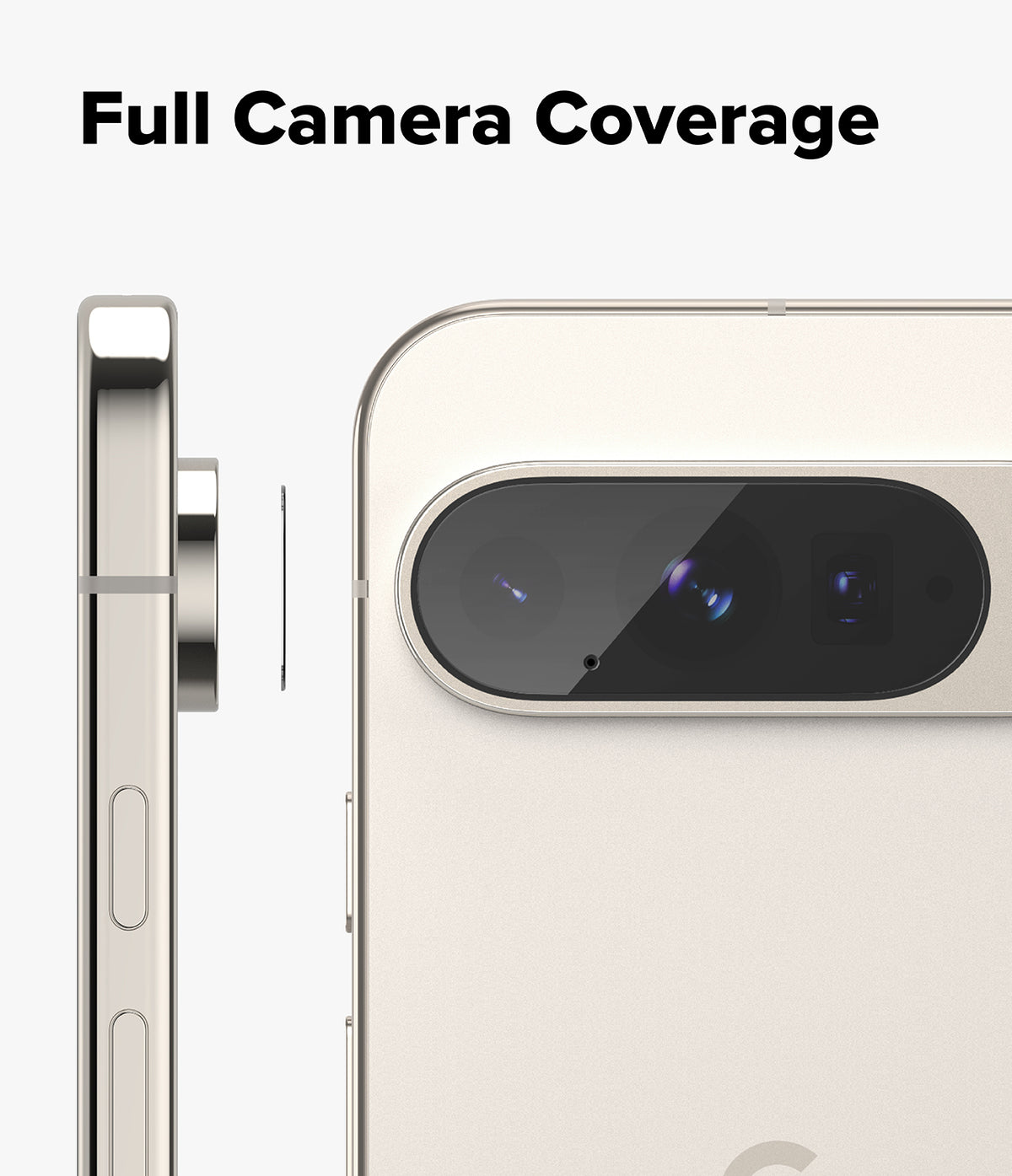 Google Pixel 10 Pro | Camera Glass - Side and rear view of a phone showing a protective glass cover for the camera bar.
