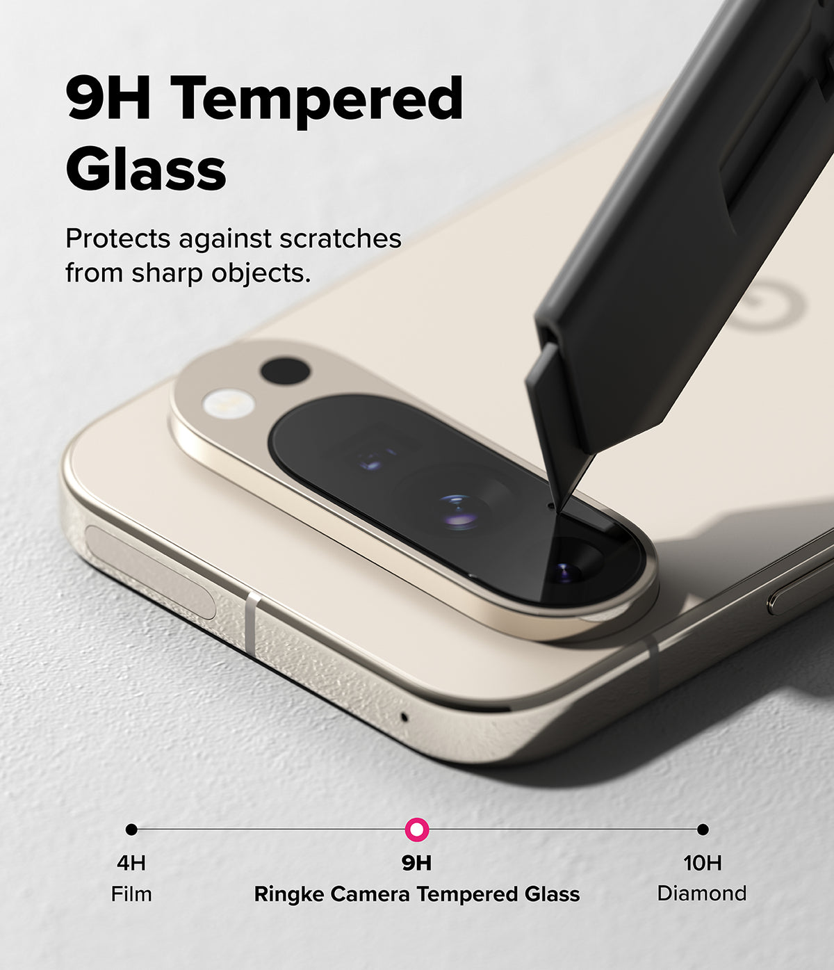 [Bundle] Google Pixel 10 Pro Case | Fusion Magnetic - Google Pixel 10 Pro Case - A utility knife blade scrapes a 9H tempered glass camera lens protector on a smartphone.