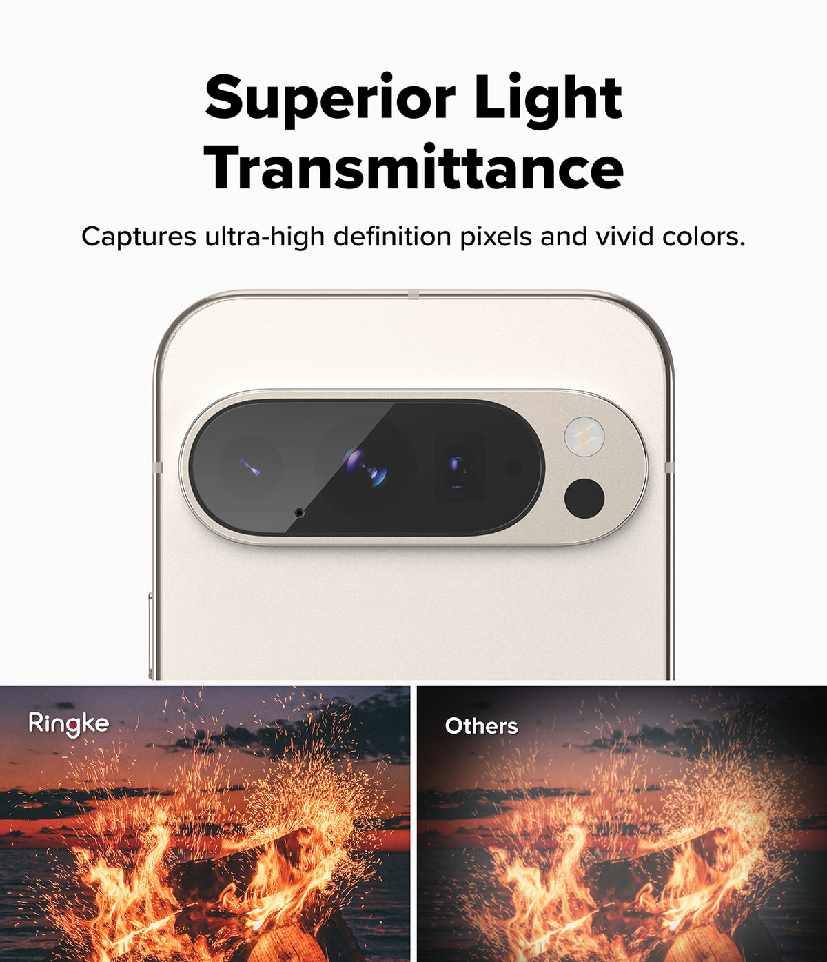 Google Pixel 10 Pro | Camera Glass - Comparison showing clearer, brighter fire imagery with Ringke glass versus others.