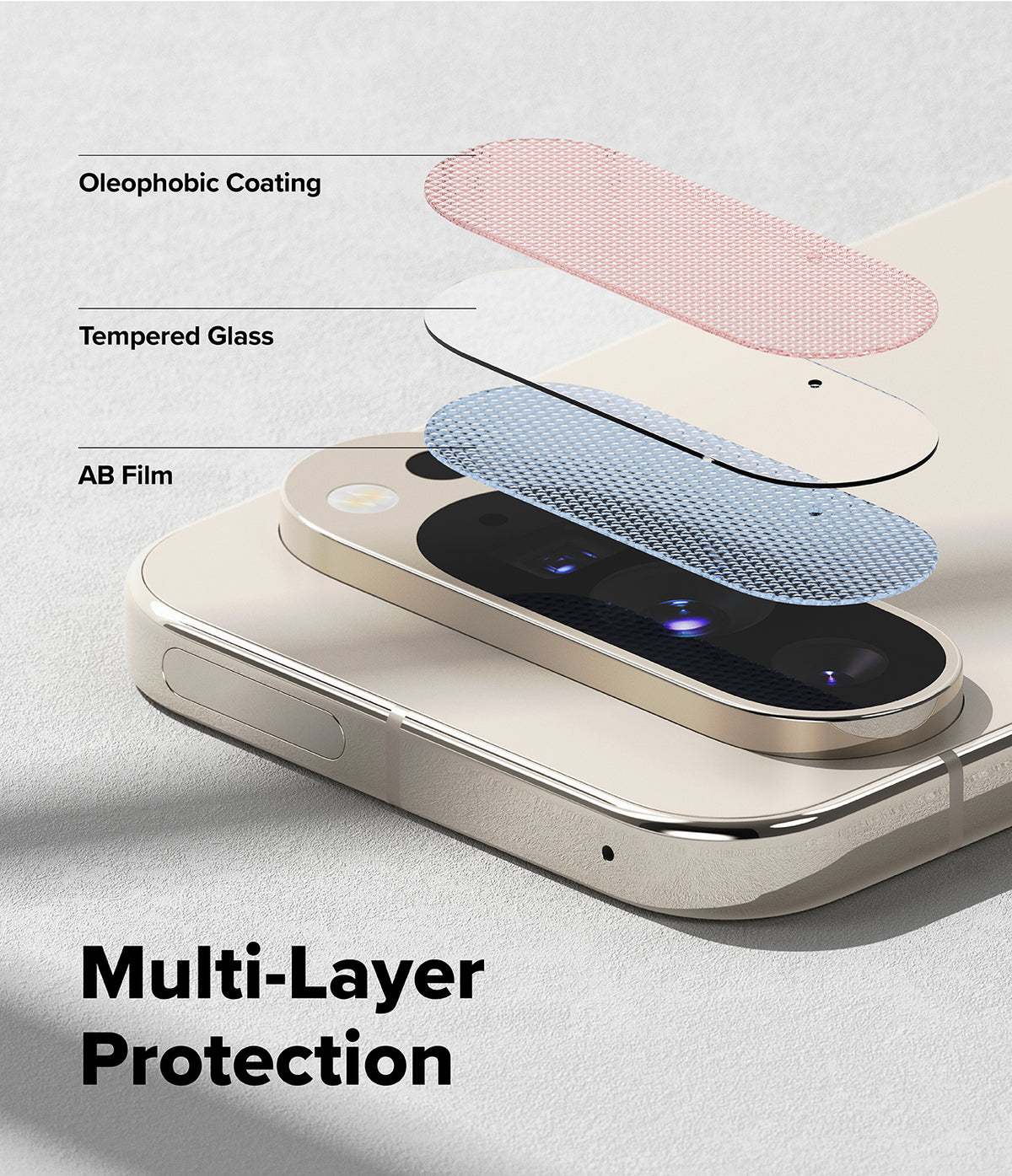 [Bundle] Google Pixel 10 Pro Case | Onyx - Google Pixel 10 Pro Case | Onyx - Exploded view of camera lens protector layers showing oleophobic coating and tempered glass.