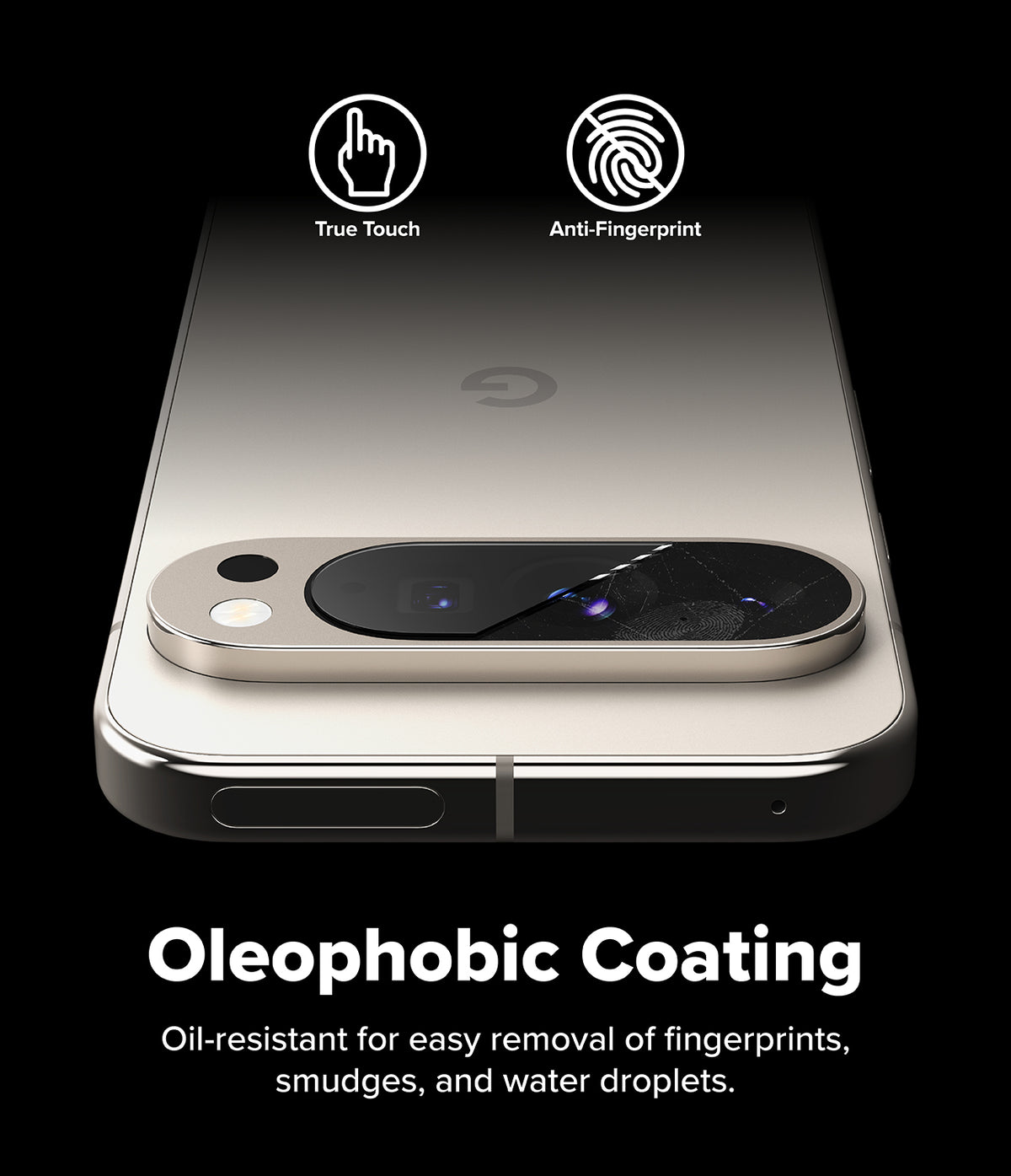 Google Pixel 10 Pro | Camera Glass - Close-up of phone camera lens protector highlighting oleophobic coating and anti-fingerprint features.
