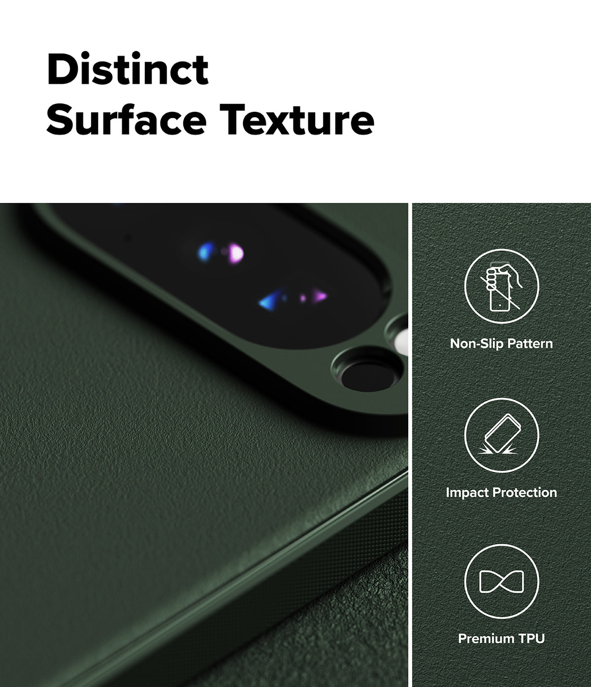 [Bundle] Google Pixel 10 Pro Case | Onyx - Google Pixel 10 Pro Case | Onyx - Close-up of dark green phone case with textured surface and icons for grip and protection.