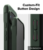 Google Pixel 10 Pro Case | Onyx - Close-up of dark green phone case buttons with textured sides and fine aperture lines.