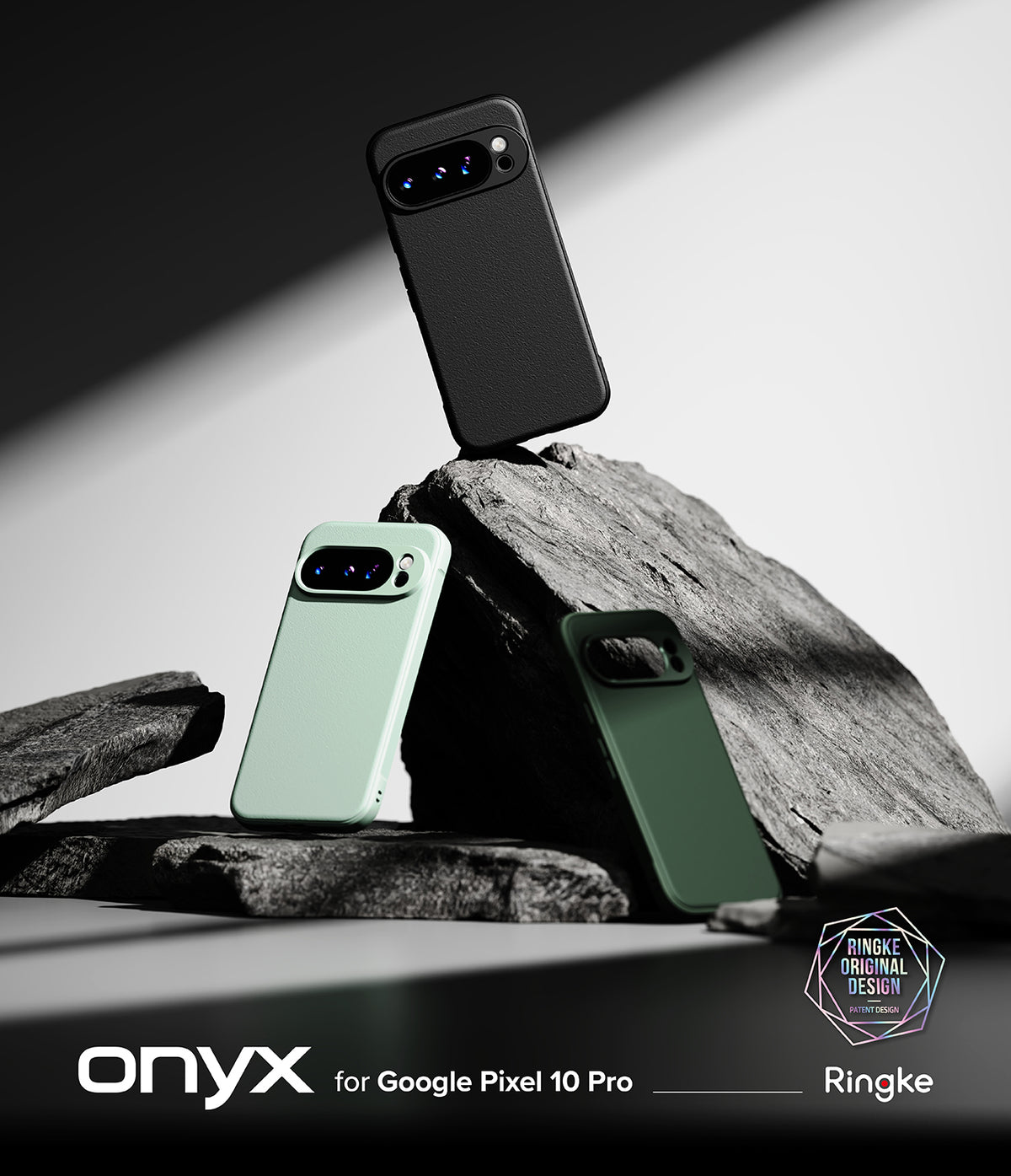 [Bundle] Google Pixel 10 Pro Case | Onyx - Google Pixel 10 Pro Case | Onyx - Three Google Pixel 10 Pro cases in black, mint, and dark green resting on jagged rocks.