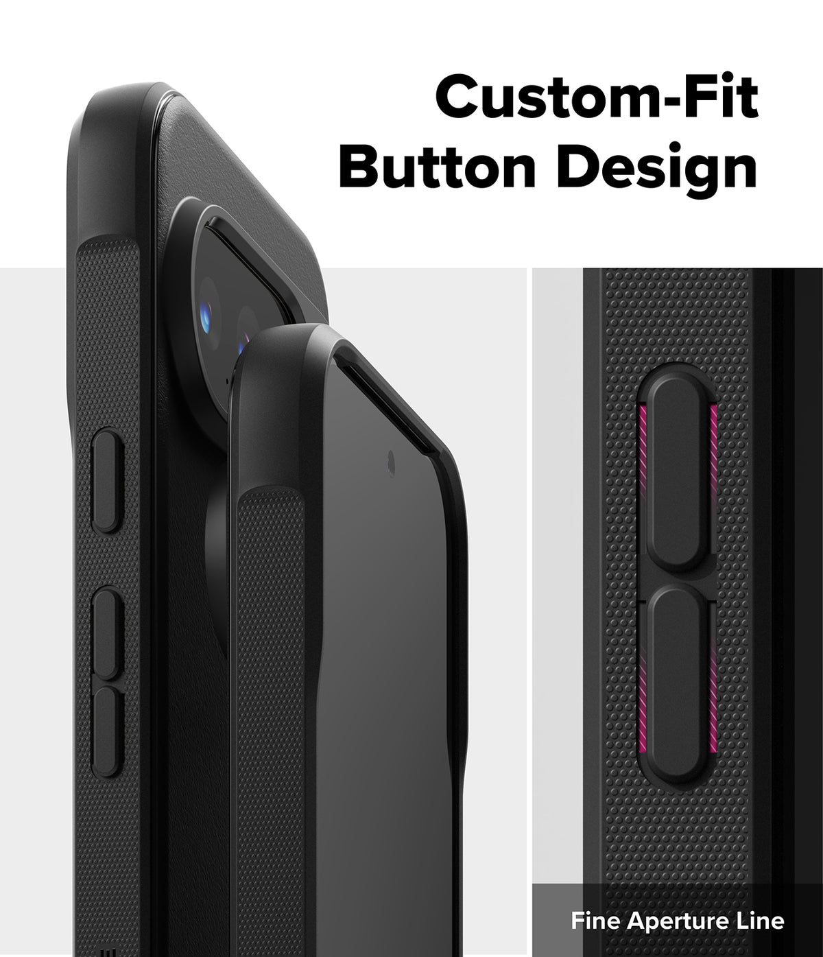 Google Pixel 10 Pro Case | Onyx Magnetic - Close-up of black phone case buttons with textured sides and fine aperture lines.