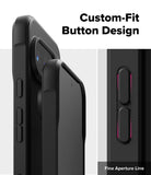 Google Pixel 10 Pro Case | Onyx Magnetic - Close-up of black phone case buttons with textured sides and fine aperture lines.