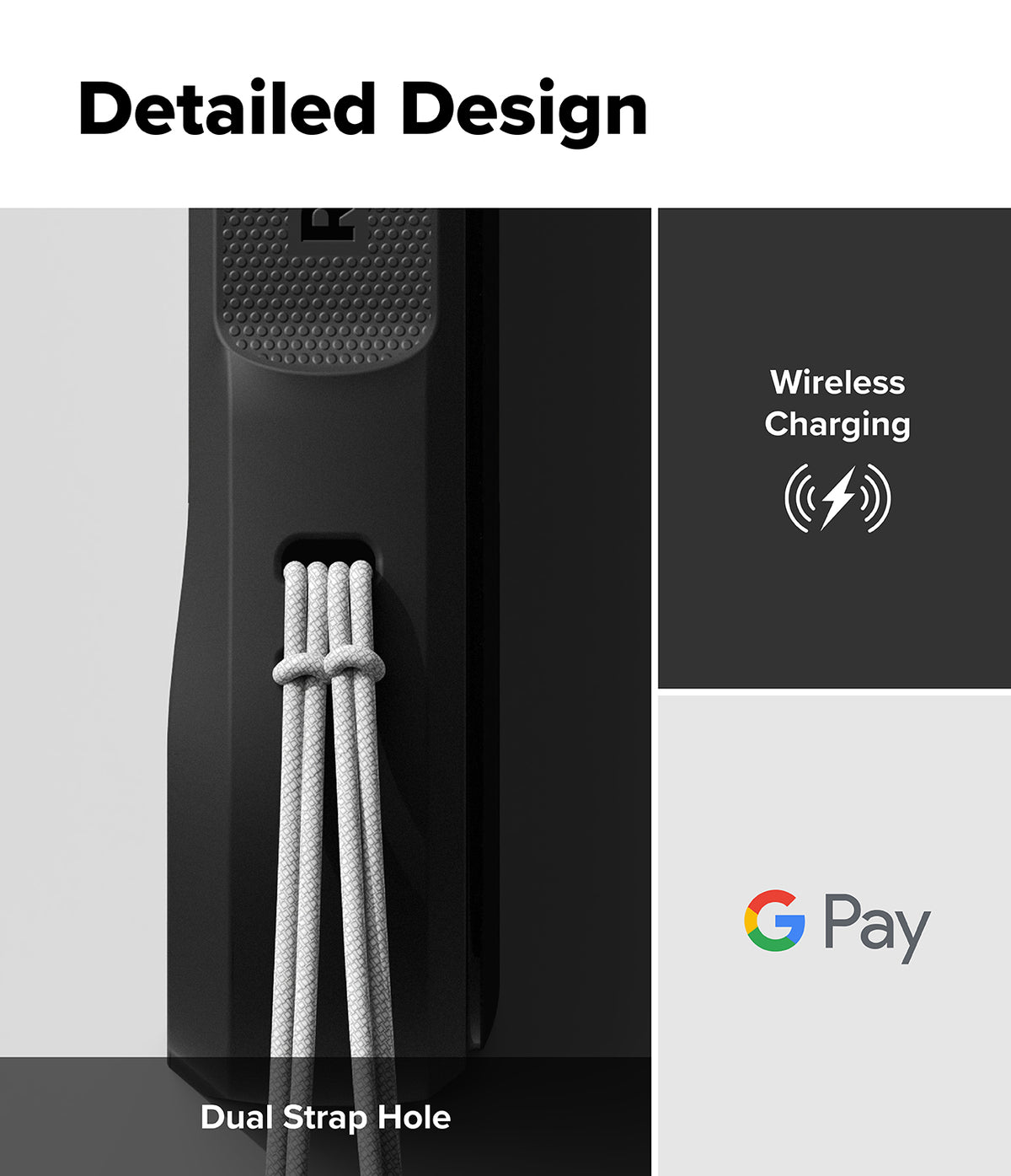Google Pixel 10 Pro Case | Onyx Magnetic - Black phone case with a grey lanyard in a dual strap hole, plus wireless charging and G Pay icons.