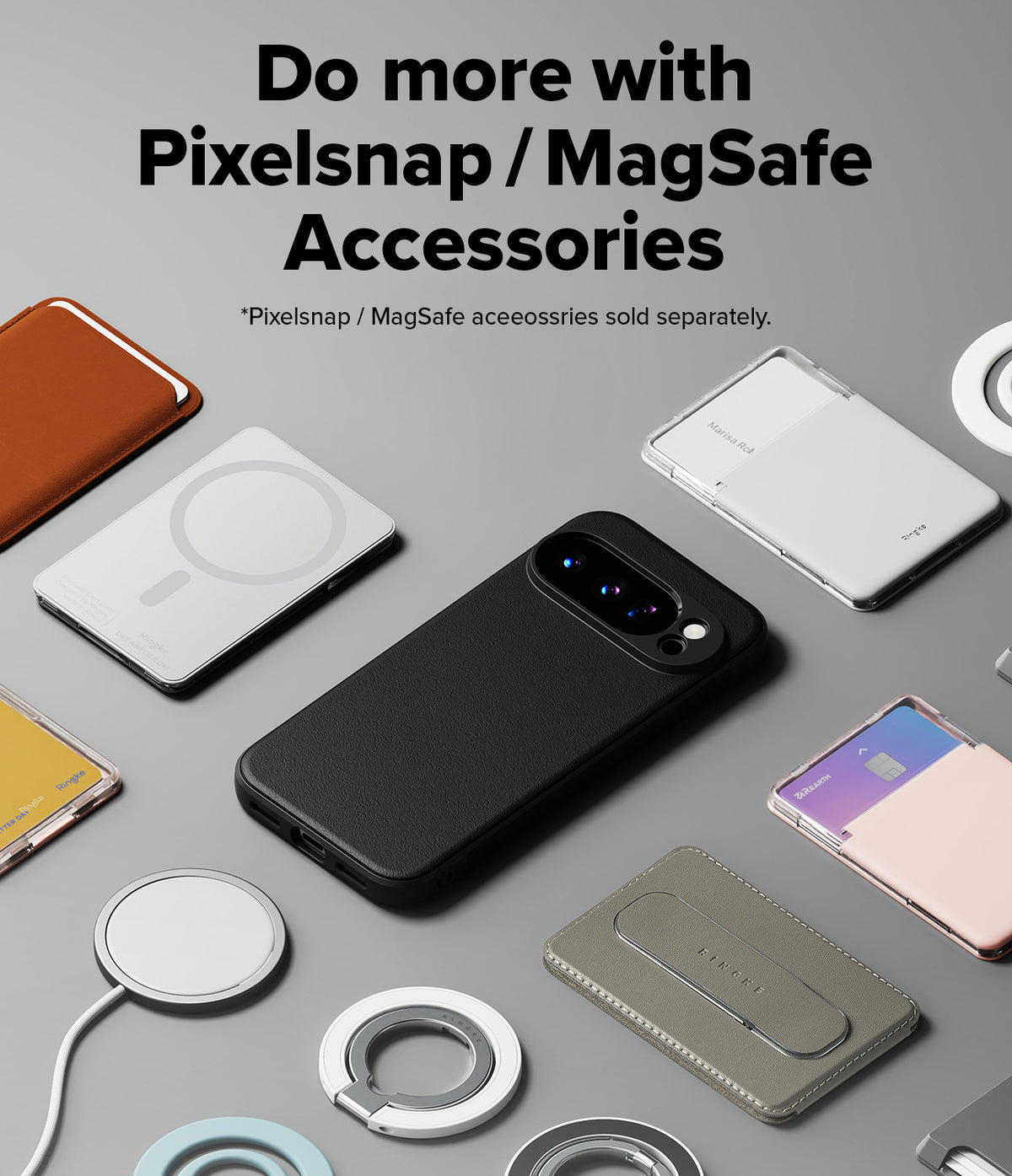 Google Pixel 10 Pro Case | Onyx Magnetic - Black phone case surrounded by various magnetic accessories on gray.
