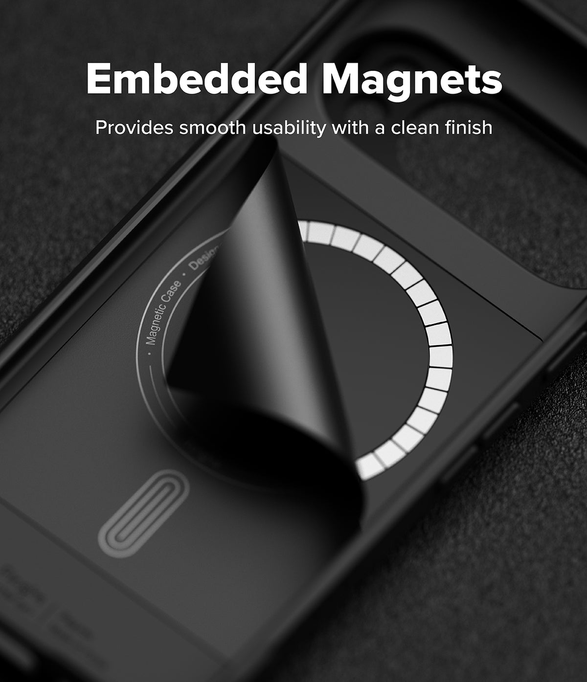 Google Pixel 10 Pro Case | Onyx Magnetic - A black phone case with a partially peeled layer revealing an embedded ring of magnets.