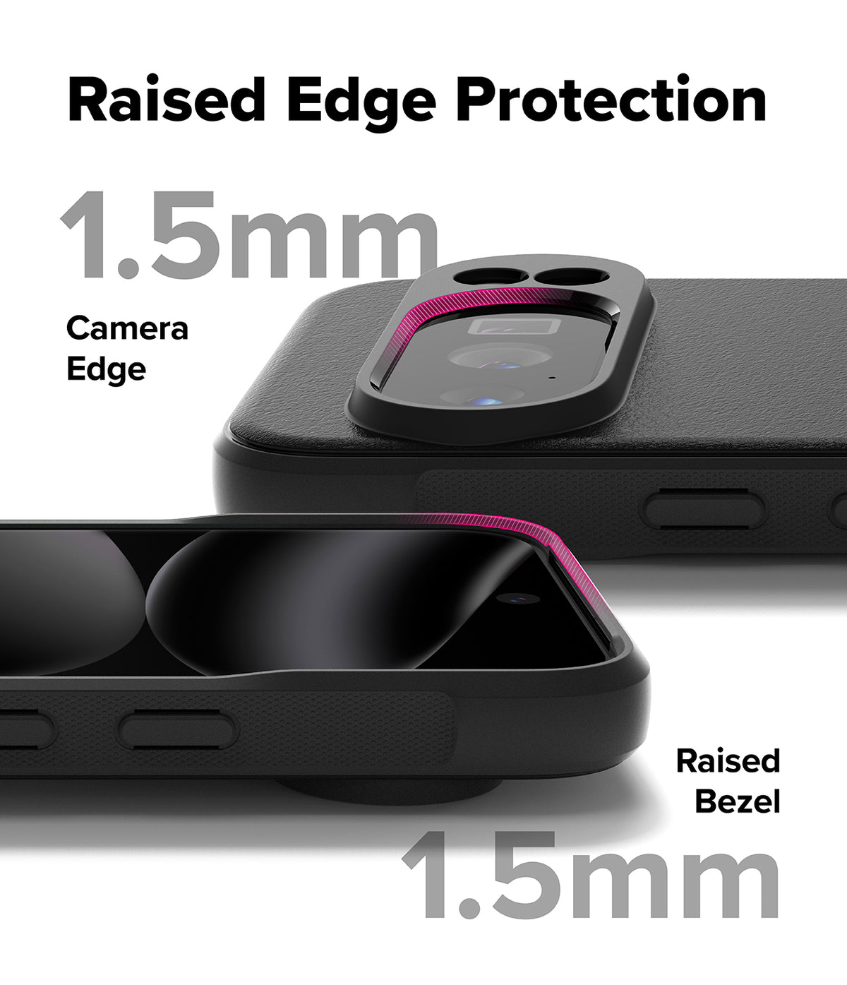 Google Pixel 10 Pro Case | Onyx Magnetic - Close-up showing 1.5mm raised camera edge and screen bezel protection.