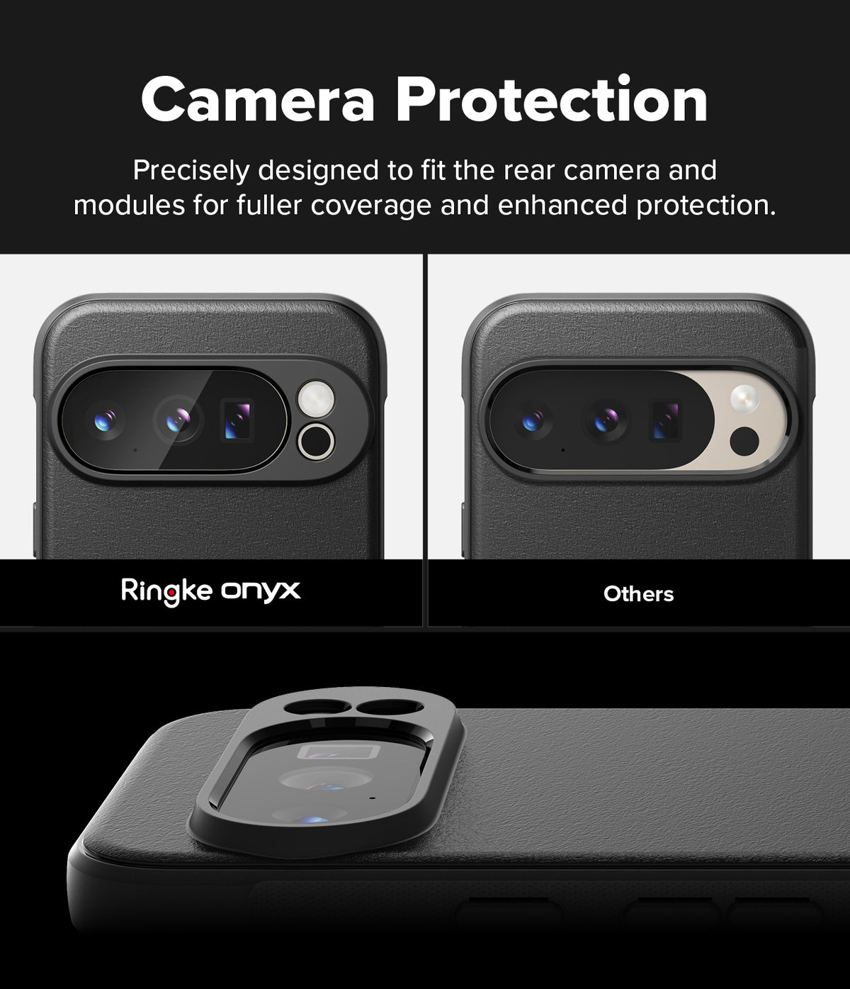 Google Pixel 10 Pro Case | Onyx Magnetic - Comparison showing the Ringke case's full camera coverage versus others.