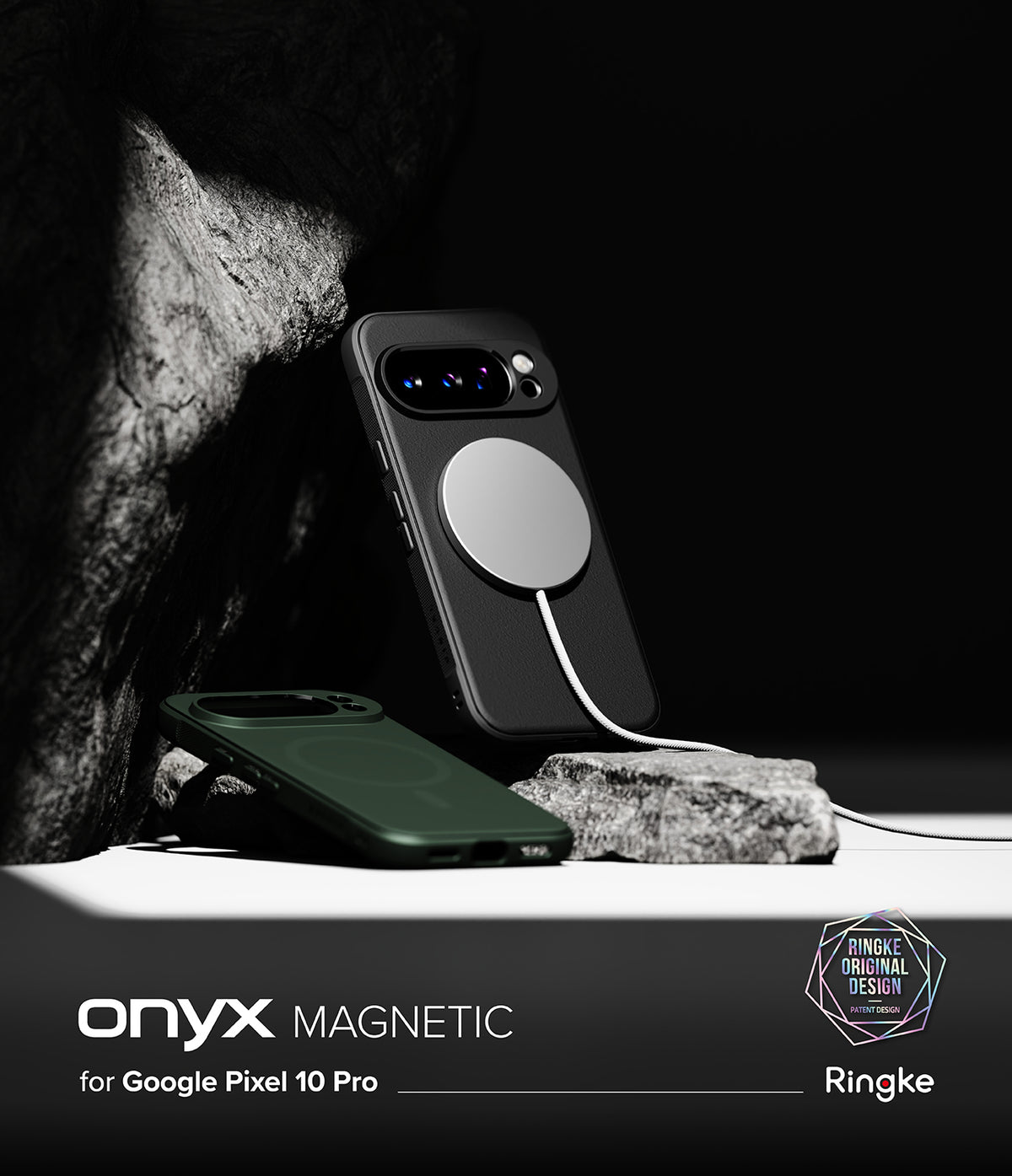 Google Pixel 10 Pro Case | Onyx Magnetic - Black and green magnetic phone cases displayed against dark rock textures.