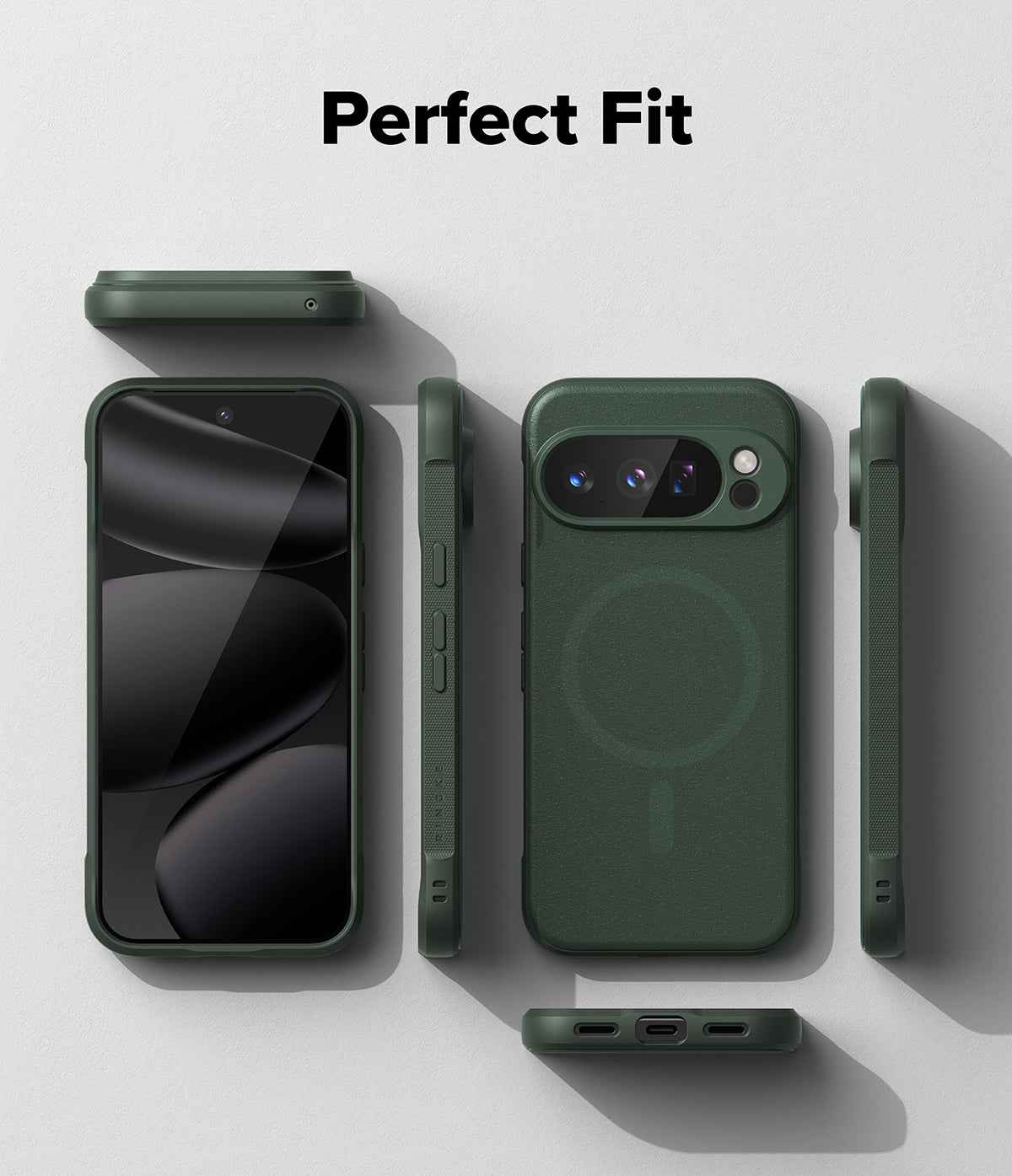 Google Pixel 10 Pro Case | Onyx Magnetic - Dark green phone case shown from multiple angles with a magnetic ring design.