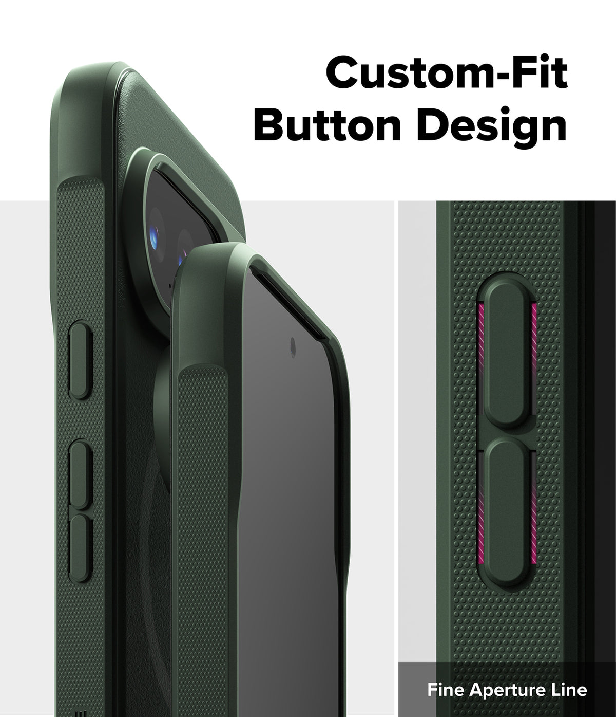 Google Pixel 10 Pro Case | Onyx Magnetic - Close-up of dark green phone case buttons with precise, textured design.