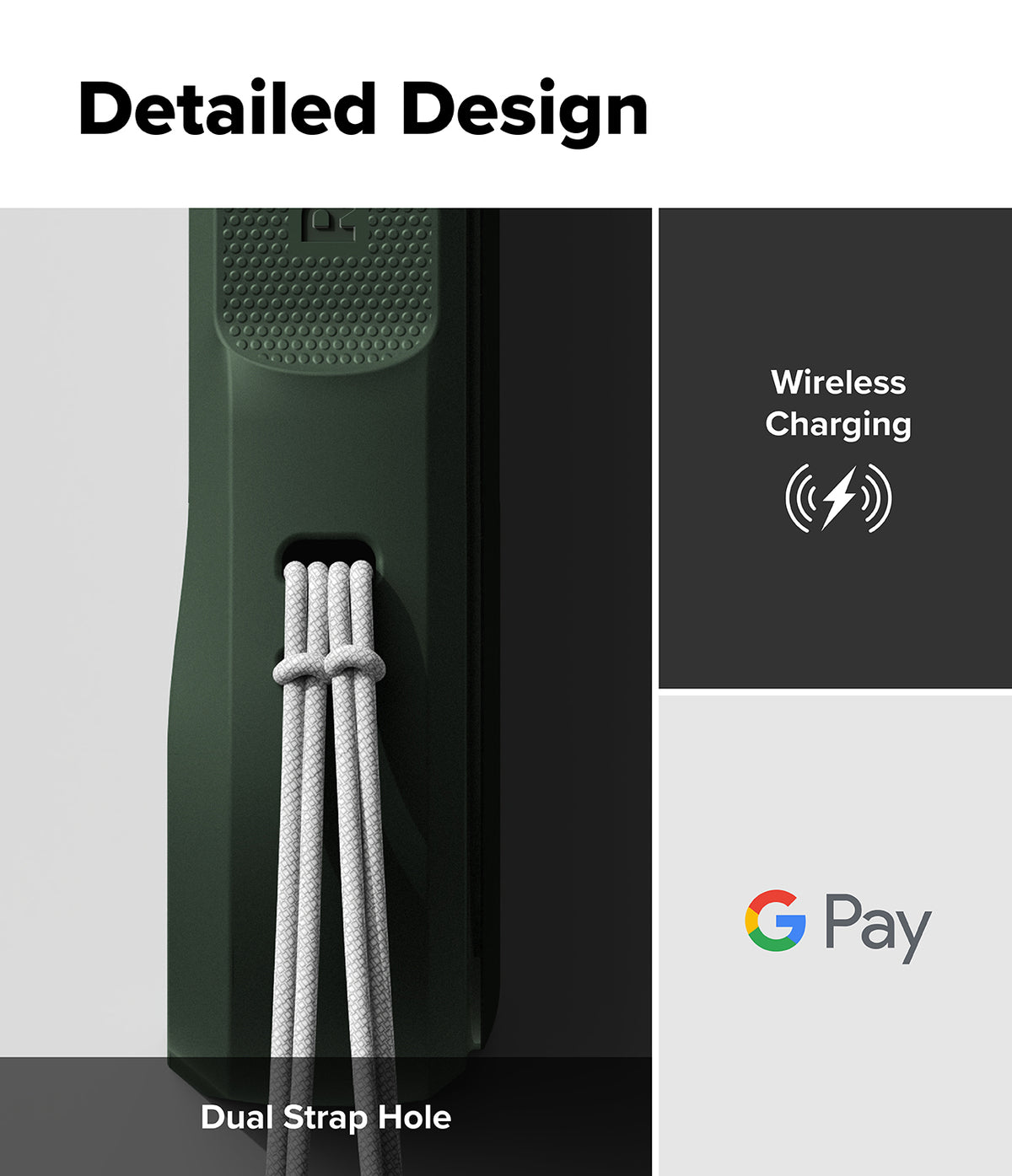Google Pixel 10 Pro Case | Onyx Magnetic - Close-up of dark green phone case showing dual strap hole and icons for wireless charging and G Pay.