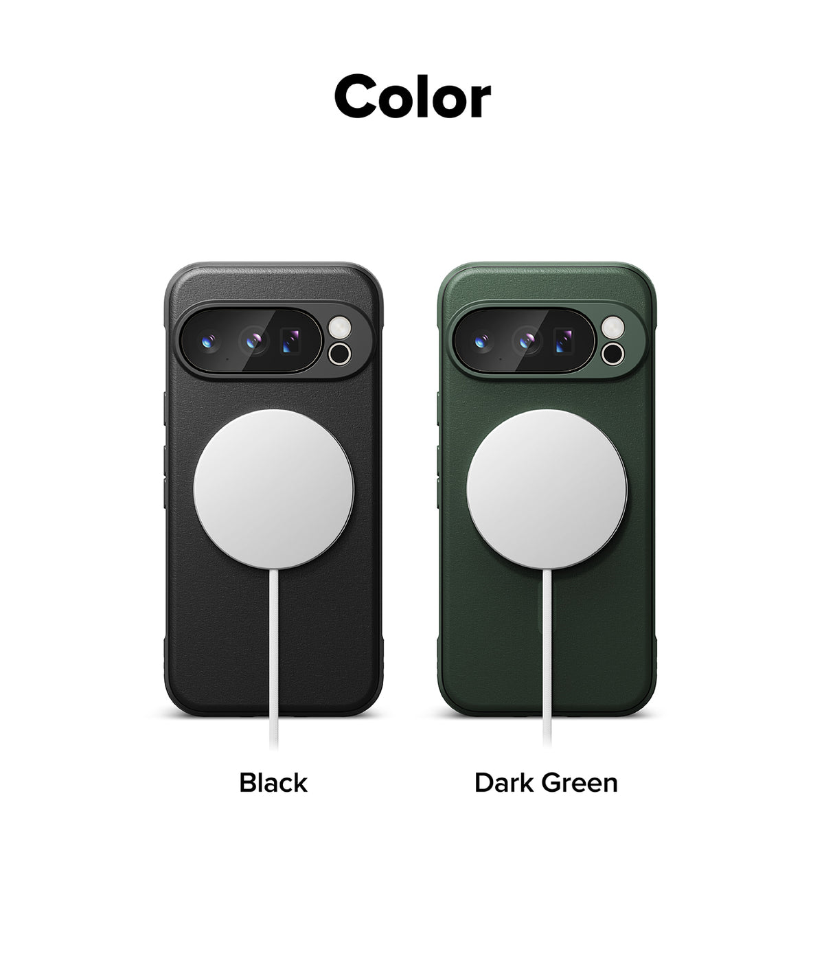 Google Pixel 10 Pro Case | Onyx Magnetic - Black and dark green magnetic phone cases with white charging pucks.
