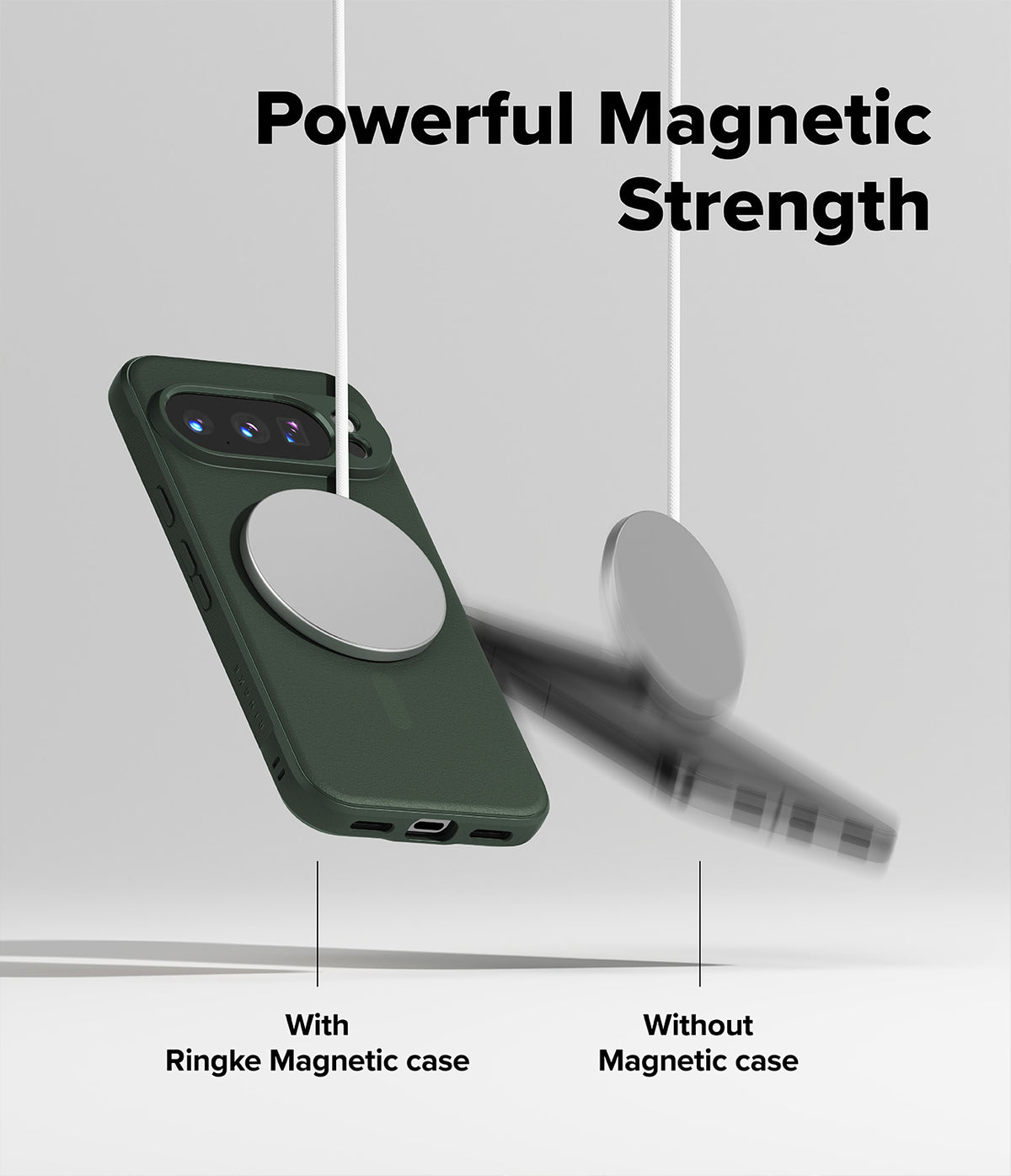 Google Pixel 10 Pro Case | Onyx Magnetic - A green phone case securely held by a magnet versus a phone falling away.