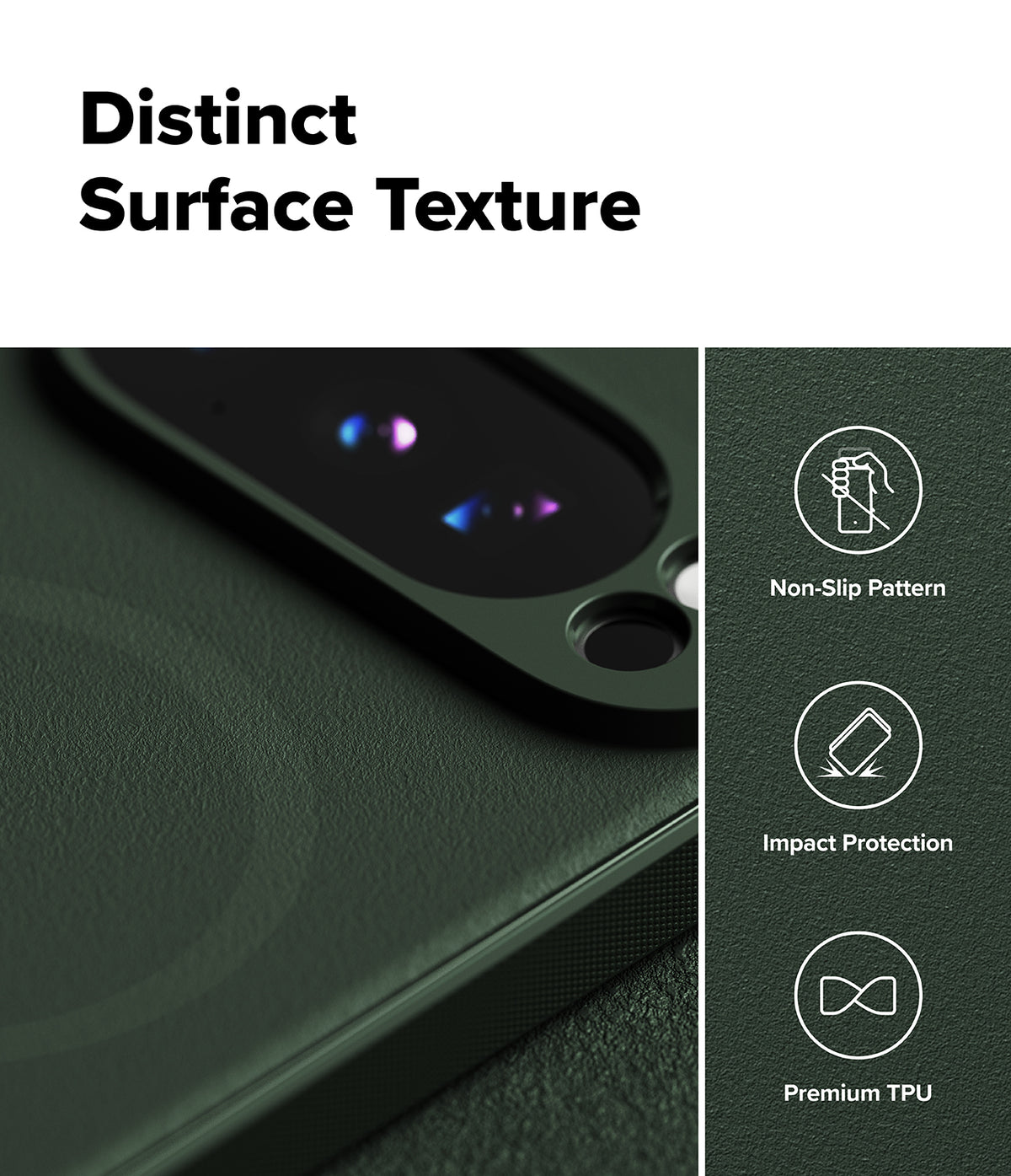 Google Pixel 10 Pro Case | Onyx Magnetic - Textured dark green phone case with icons for non-slip, impact, and TPU.