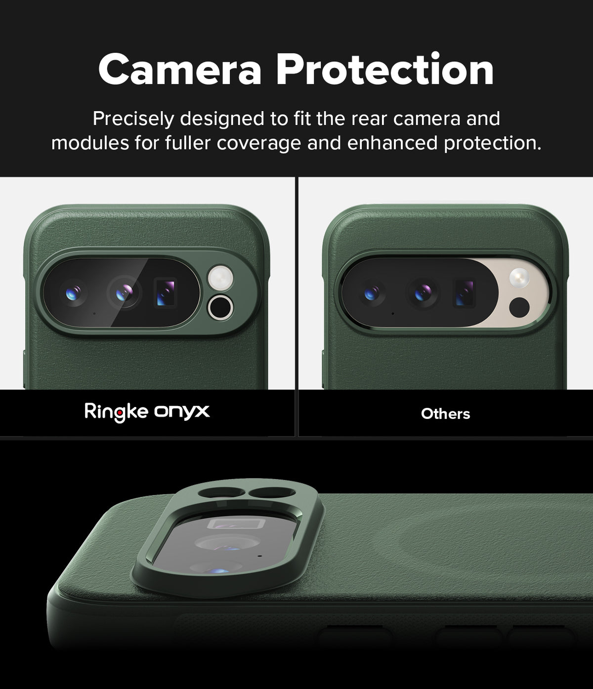 Google Pixel 10 Pro Case | Onyx Magnetic - Comparison showing superior camera module coverage of Ringke case vs others.