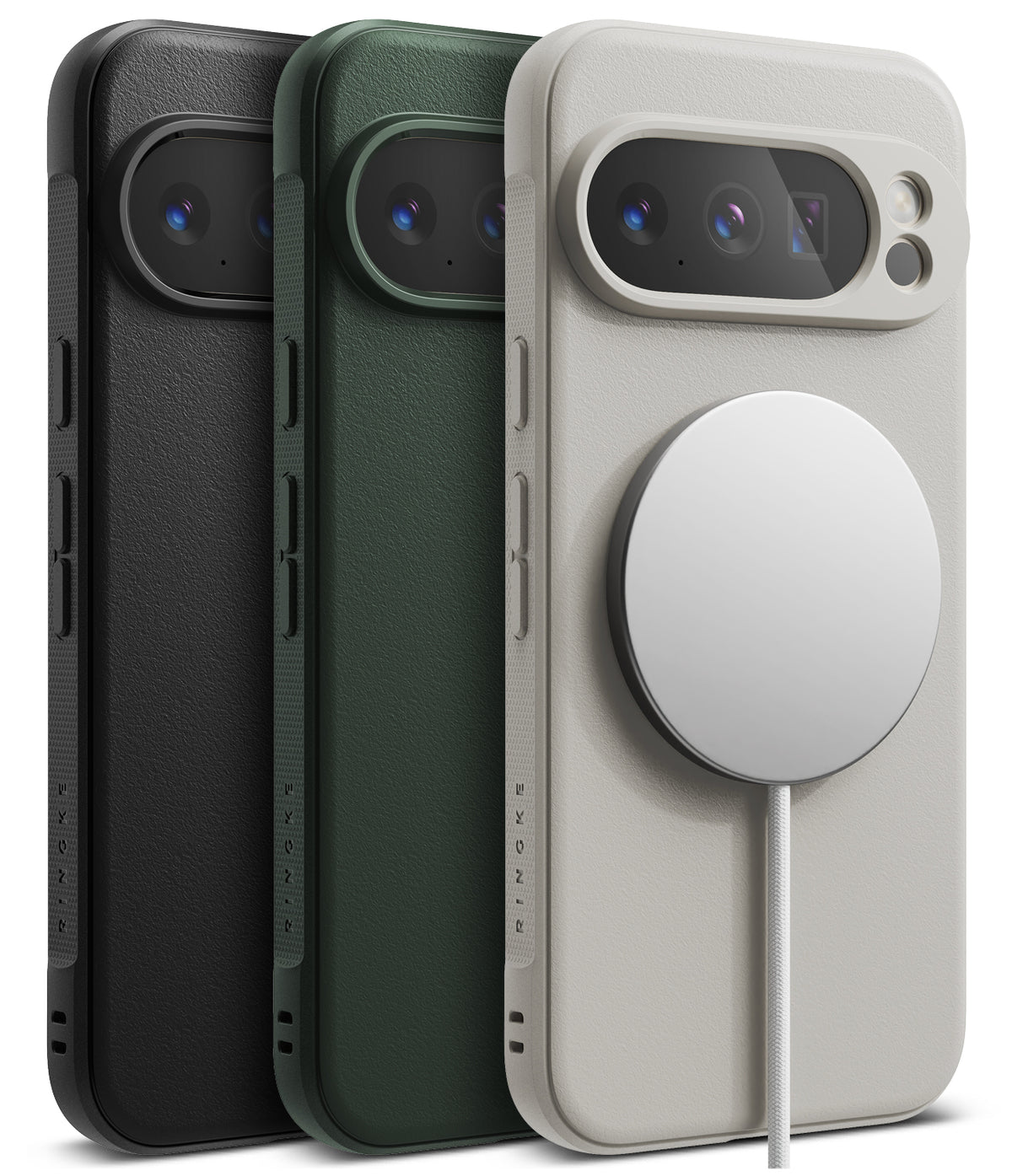 Google Pixel 10 Pro Case | Onyx Magnetic - Three Pixel 10 Pro cases in black, green, and beige with magnetic chargers.
