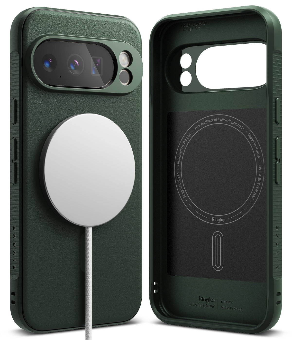 Google Pixel 10 Pro Case | Onyx Magnetic - Dark green phone case with a white magnetic charger and interior branding.