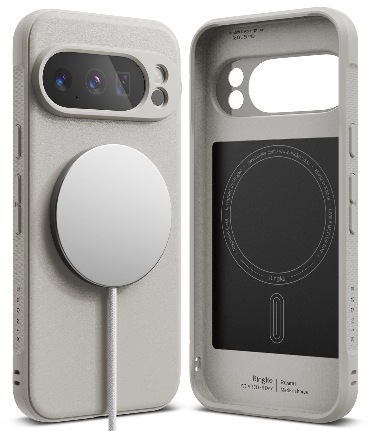 Google Pixel 10 Pro Case | Onyx Magnetic - Beige phone case with magnetic charger attached and interior view.