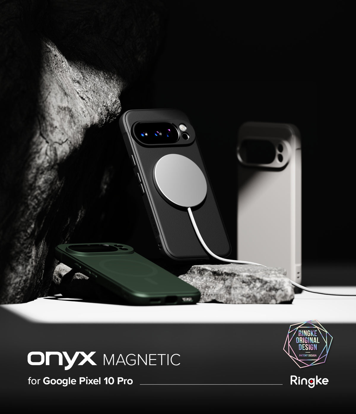 Google Pixel 10 Pro Case | Onyx Magnetic - Three Onyx magnetic phone cases displayed on a rocky surface with a charger.