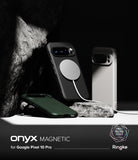 Google Pixel 10 Pro Case | Onyx Magnetic - Three Onyx magnetic phone cases displayed on a rocky surface with a charger.