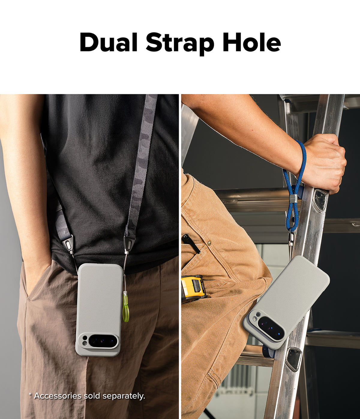 Google Pixel 10 Pro Case | Onyx Magnetic - Split view showing a grey phone case worn with a neck strap and wrist strap.