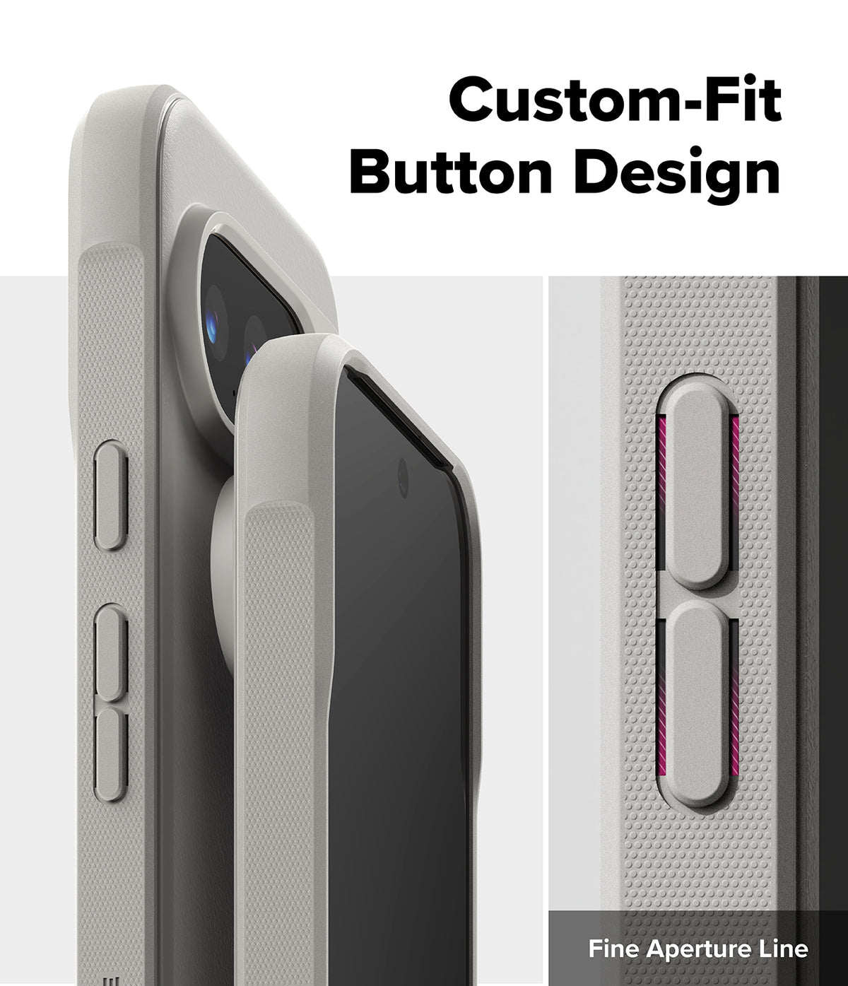 Google Pixel 10 Pro Case | Onyx Magnetic - Close-up of a grey phone case highlighting tactile buttons and precise cutouts.