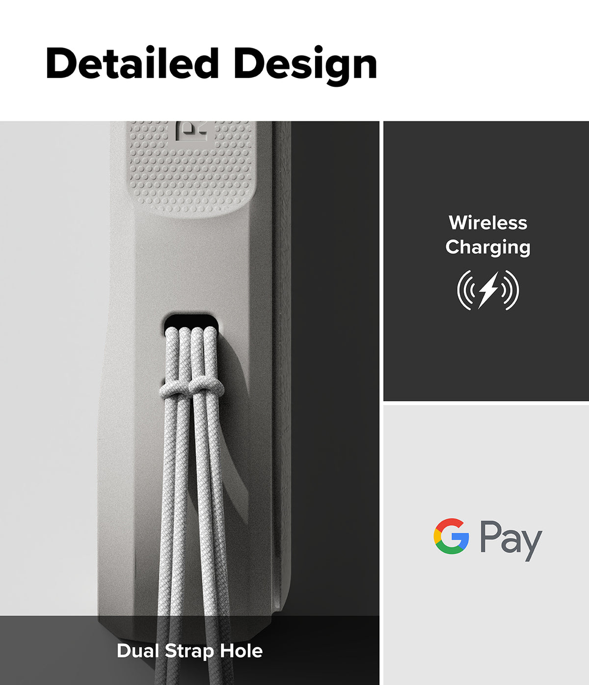 Google Pixel 10 Pro Case | Onyx Magnetic - Close-up of a gray phone case featuring a dual strap hole and icons for wireless charging and G Pay.