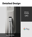 Google Pixel 10 Pro Case | Onyx Magnetic - Close-up of a gray phone case featuring a dual strap hole and icons for wireless charging and G Pay.