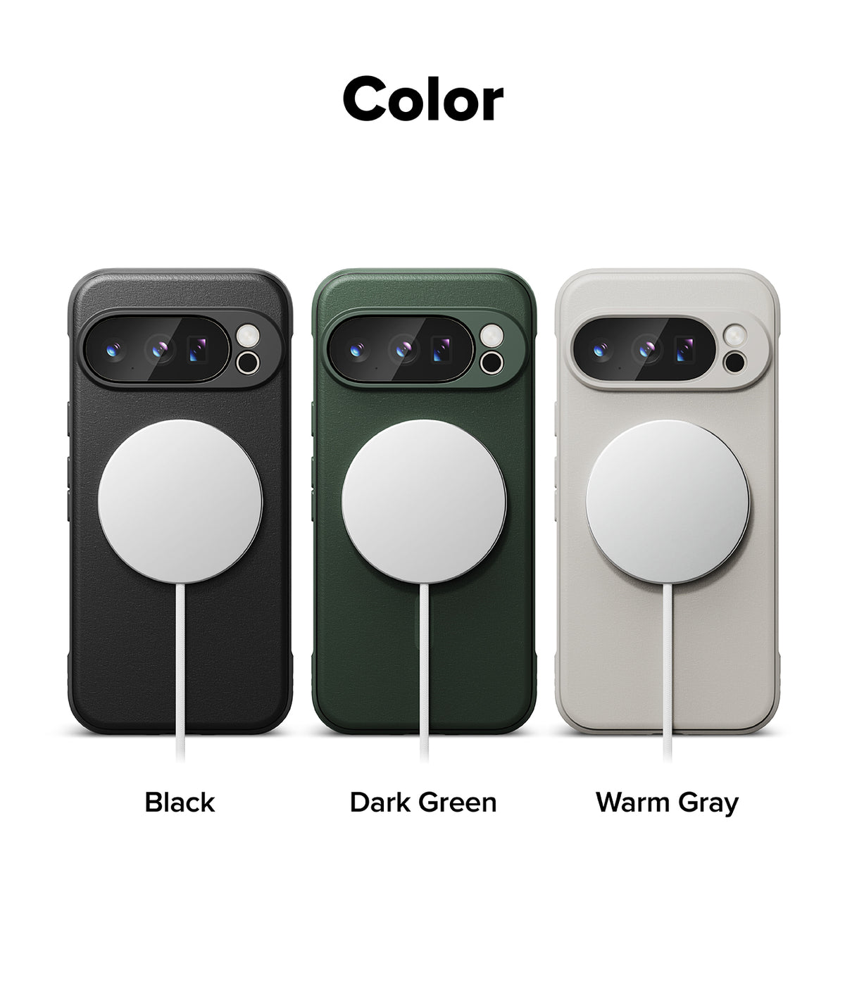 Google Pixel 10 Pro Case | Onyx Magnetic - Three phone cases in black, dark green, and warm gray with magnetic chargers.
