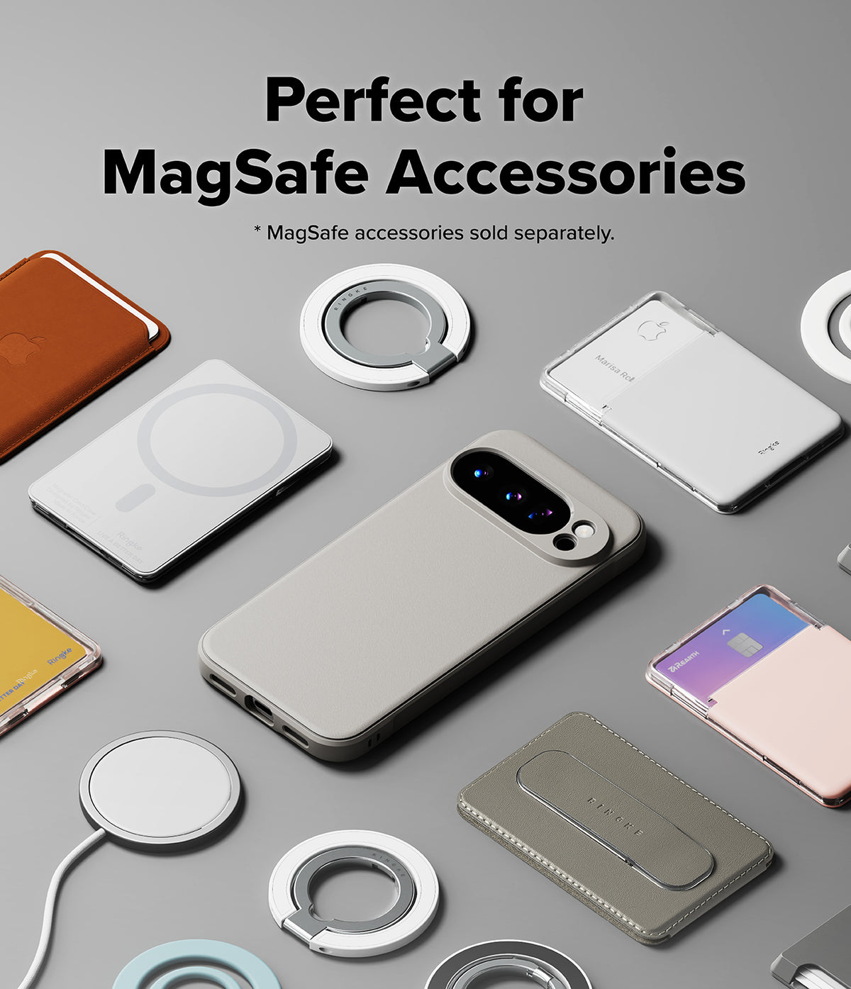 Google Pixel 10 Pro Case | Onyx Magnetic - Gray phone case surrounded by various MagSafe accessories on a gray surface.