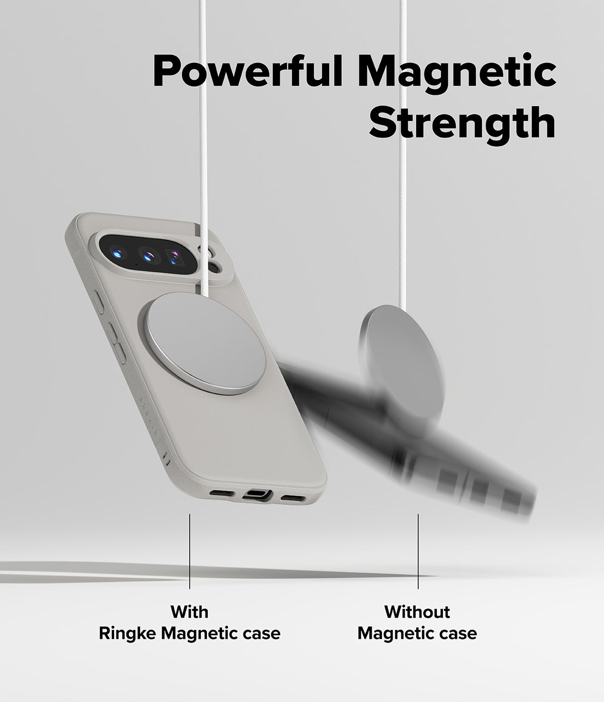 Google Pixel 10 Pro Case | Onyx Magnetic - A phone in a magnetic case stays attached to a charger while another falls.