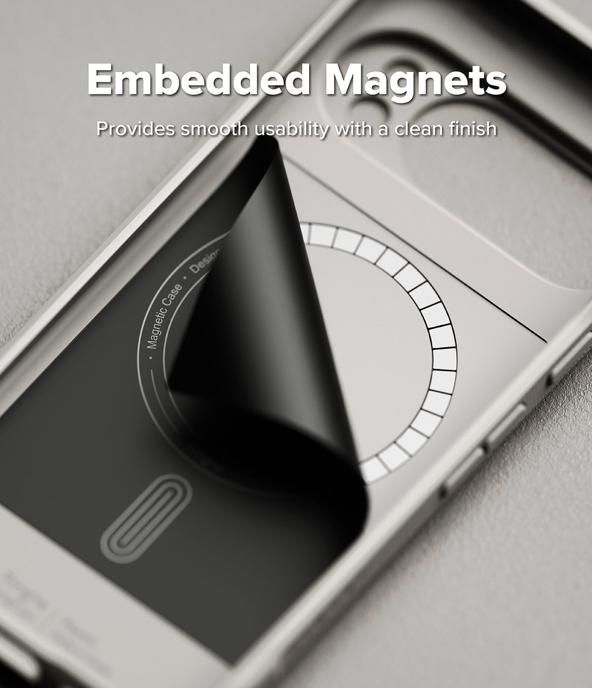 Google Pixel 10 Pro Case | Onyx Magnetic - Interior of a phone case showing a circular magnetic ring under a peeled layer.