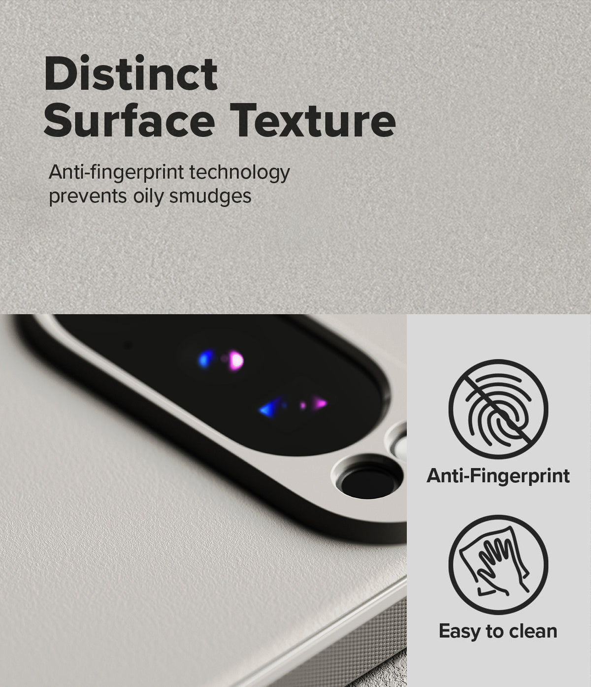 Google Pixel 10 Pro Case | Onyx Magnetic - Close-up of phone case texture with anti-fingerprint and easy-to-clean icons.