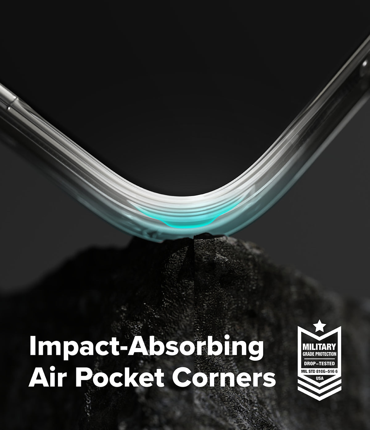Google Pixel 10 Pro Case | Onyx Magnetic - Close-up of a phone case corner with a glowing air pocket resting on a rock.
