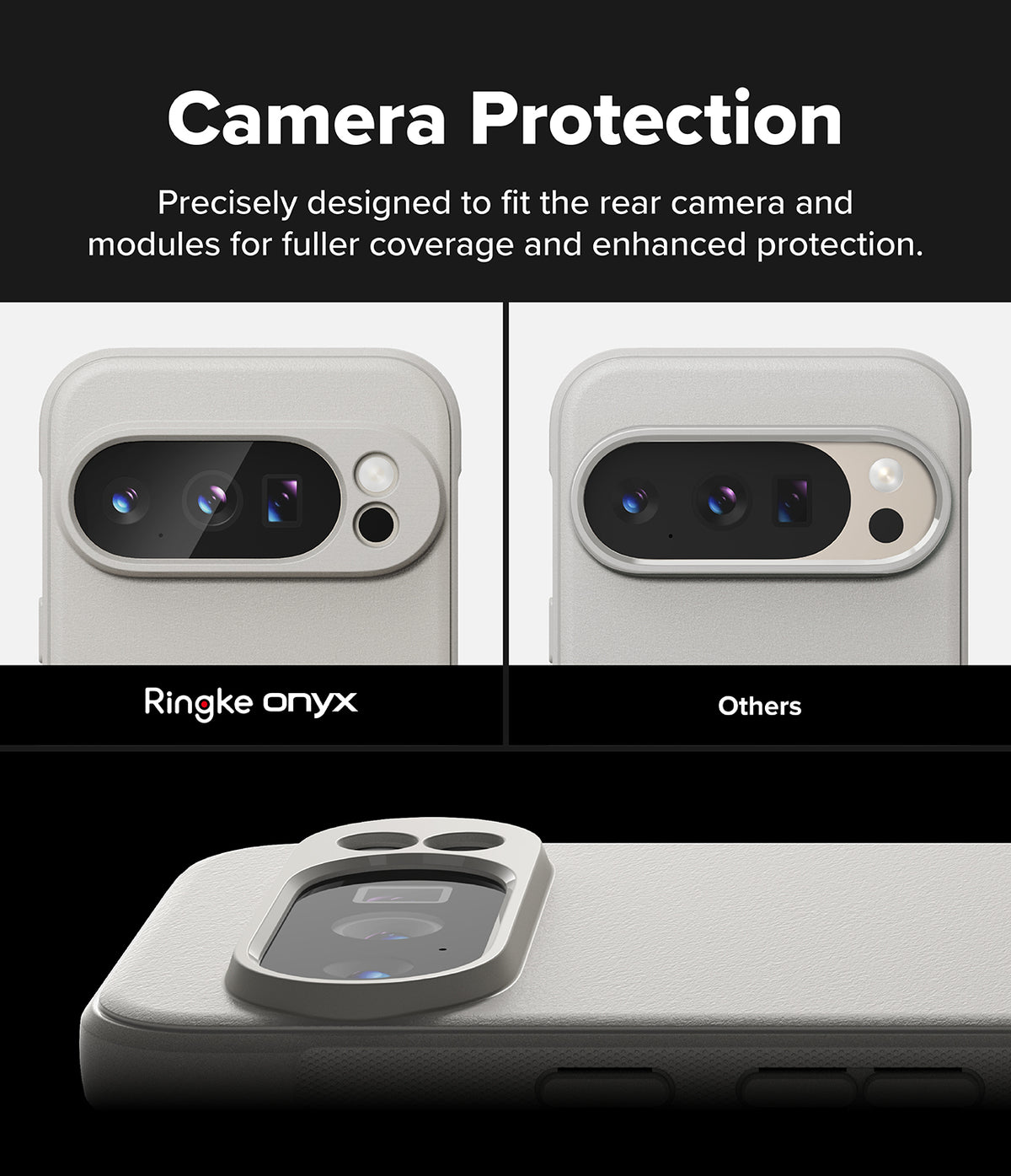 Google Pixel 10 Pro Case | Onyx Magnetic - Comparison showing the Ringke case's superior camera module coverage.