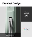 Google Pixel 10 Pro Case | Onyx - Close-up of a sage green phone case featuring a dual strap hole with a lanyard and icons for wireless charging and G Pay.