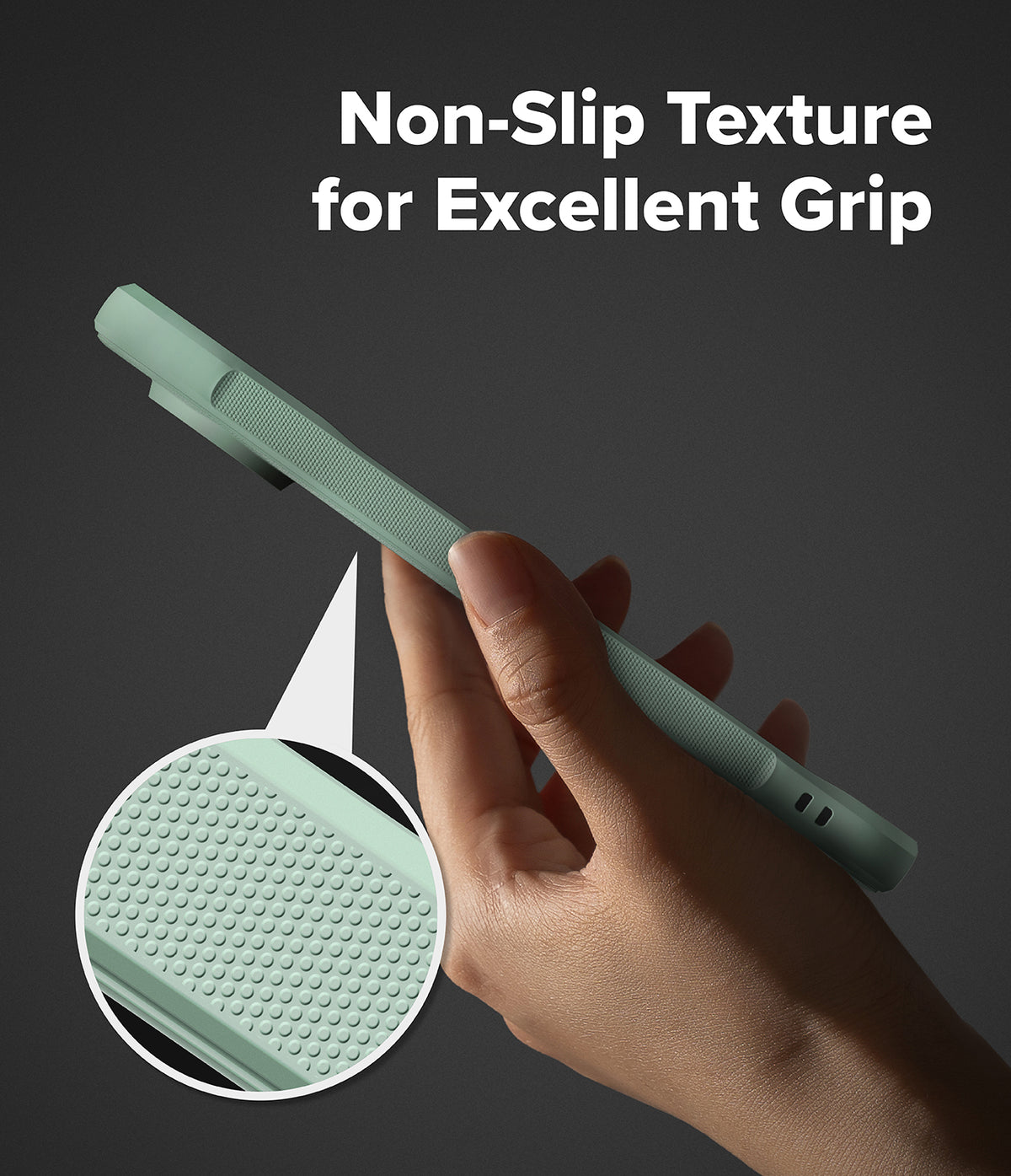 [Bundle] Google Pixel 10 Pro Case | Onyx - Google Pixel 10 Pro Case - Hand holding a green phone case with a magnified view of the textured, non-slip side grip.