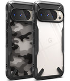 Google Pixel 10 Pro / 10 Case | Fusion-X - Two rugged black phone cases, one with camo pattern and one clear, showing camera bars.