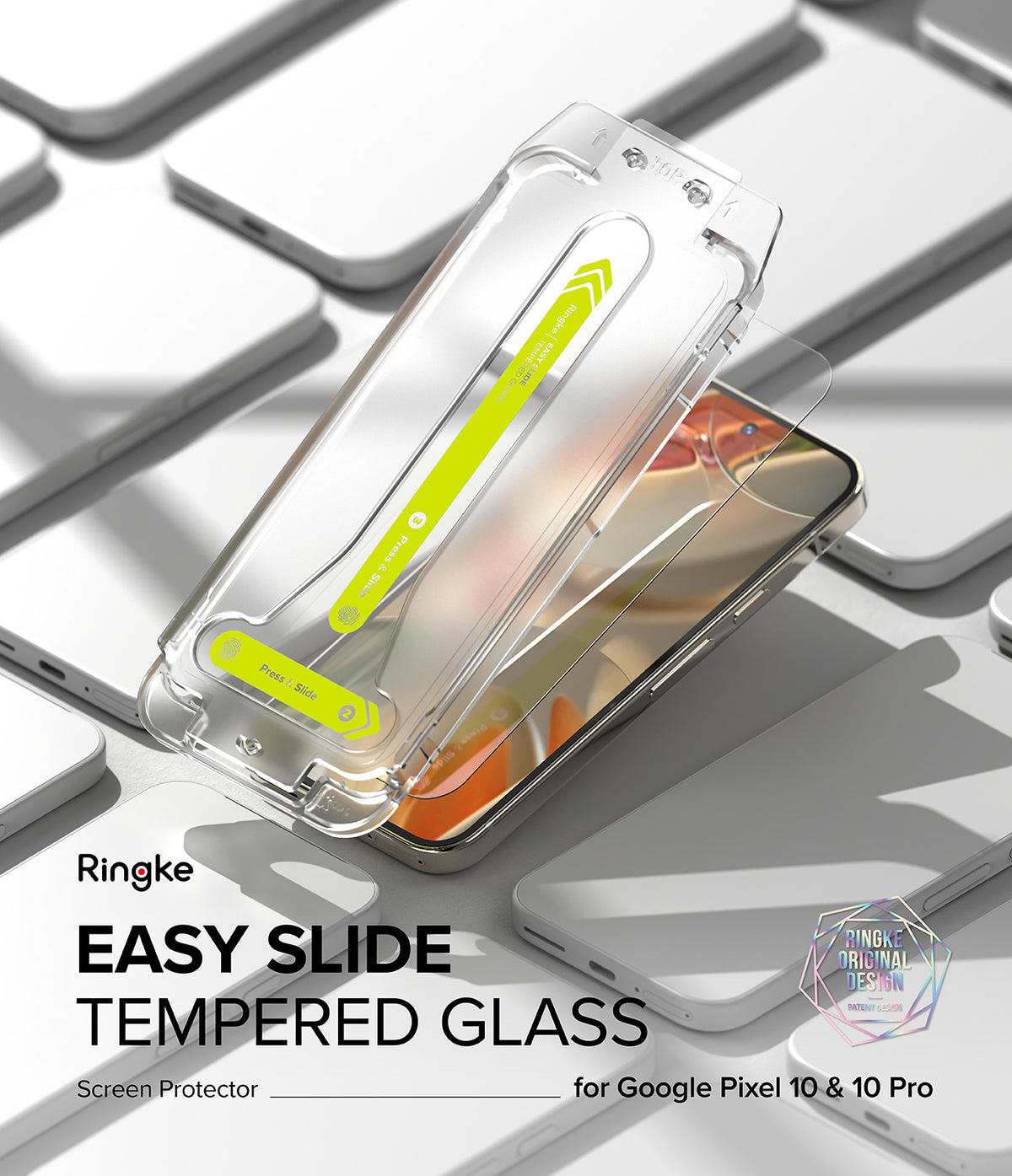 [Bundle] Google Pixel 10 Pro Case | Onyx Magnetic - Google Pixel 10 Pro Case | Onyx Magnetic - Easy Slide tempered glass screen protector installation tool on a phone.