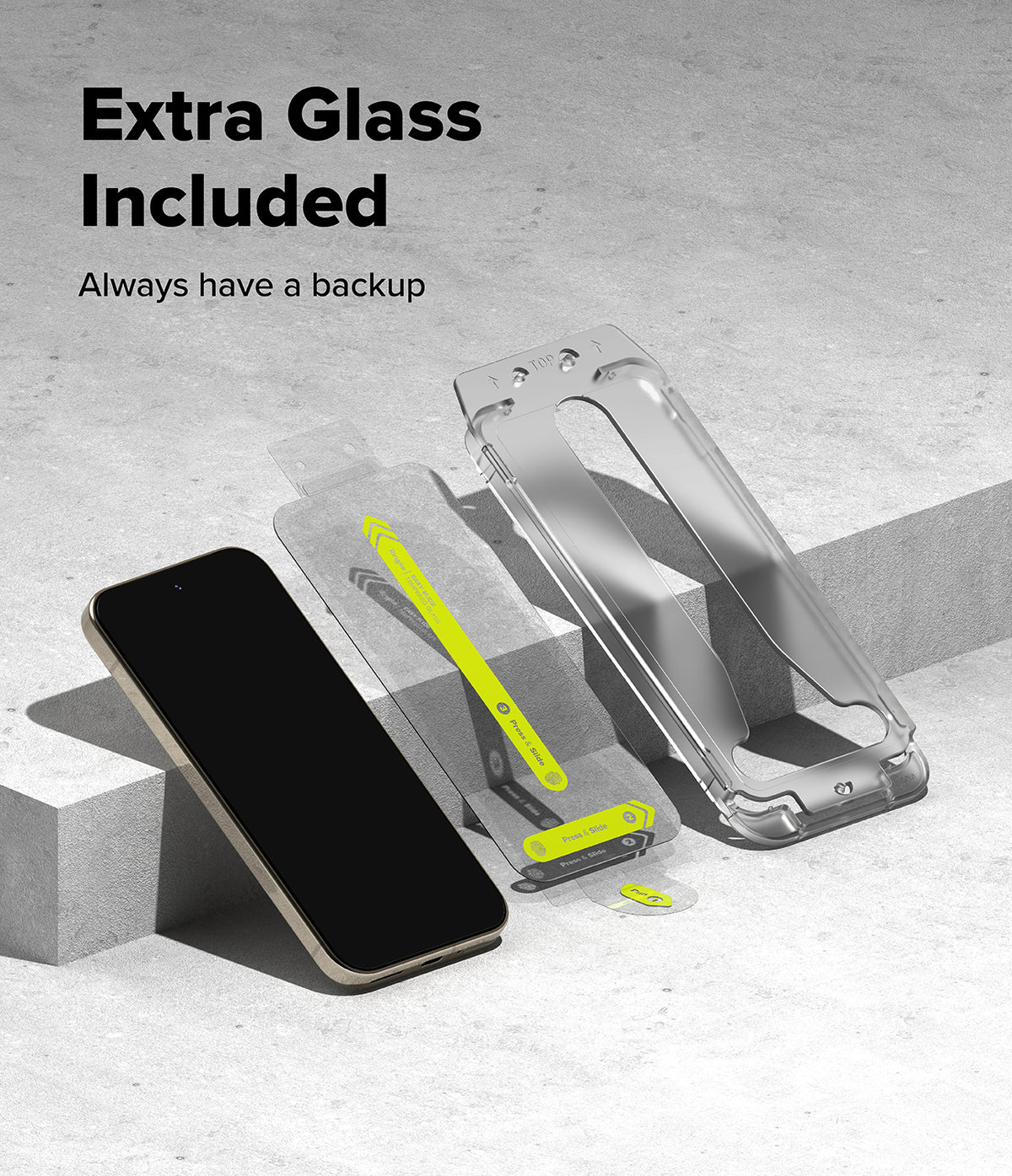 [Bundle] Google Pixel 10 Pro Case | Onyx - Google Pixel 10 Pro Case | Onyx - Smartphone, screen protector, and installation frame on a concrete surface.