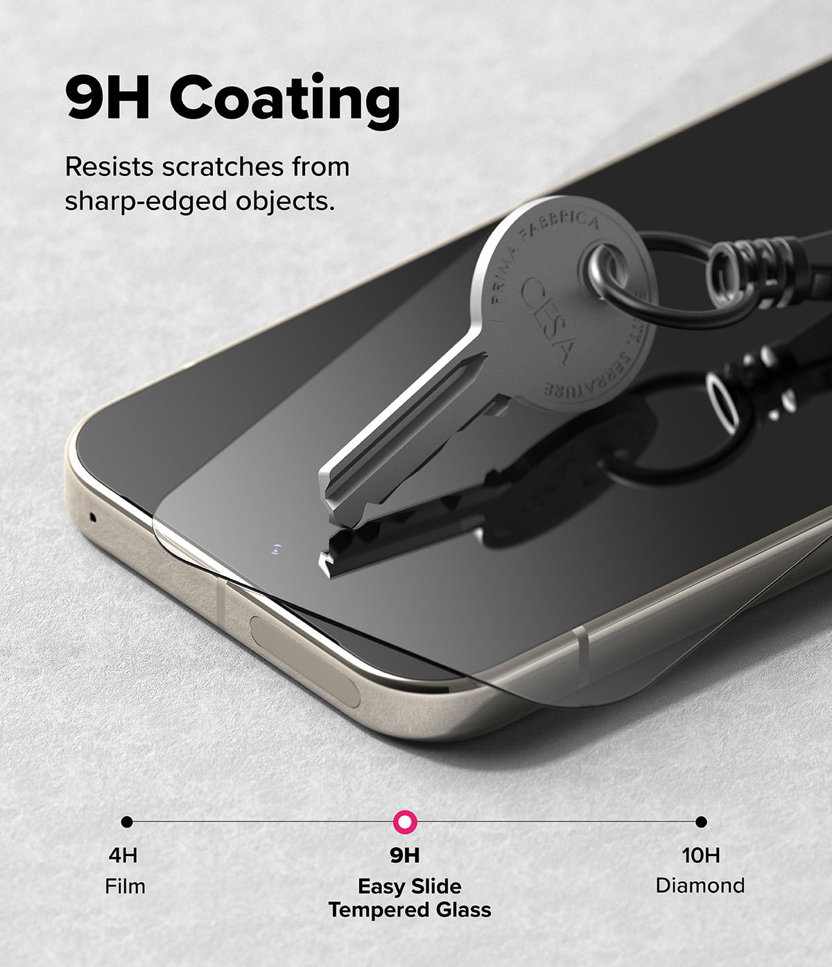 [Bundle] Google Pixel 10 Pro Case | Onyx - Google Pixel 10 Pro Case - A metal key pressing against a smartphone screen protector, demonstrating 9H scratch resistance.