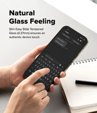Google Pixel 10 Pro / 10 Screen Protector | Easy Slide Tempered Glass - Hands typing on a smartphone screen with a slim tempered glass protector.