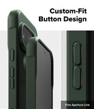 Google Pixel 10 Case | Onyx - Close-up of a dark green phone case showing tactile buttons and precise cutouts.