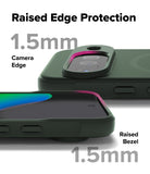Google Pixel 10 Case | Onyx Magnetic - Close-up showing 1.5mm raised camera and screen bezels on a dark green phone case.